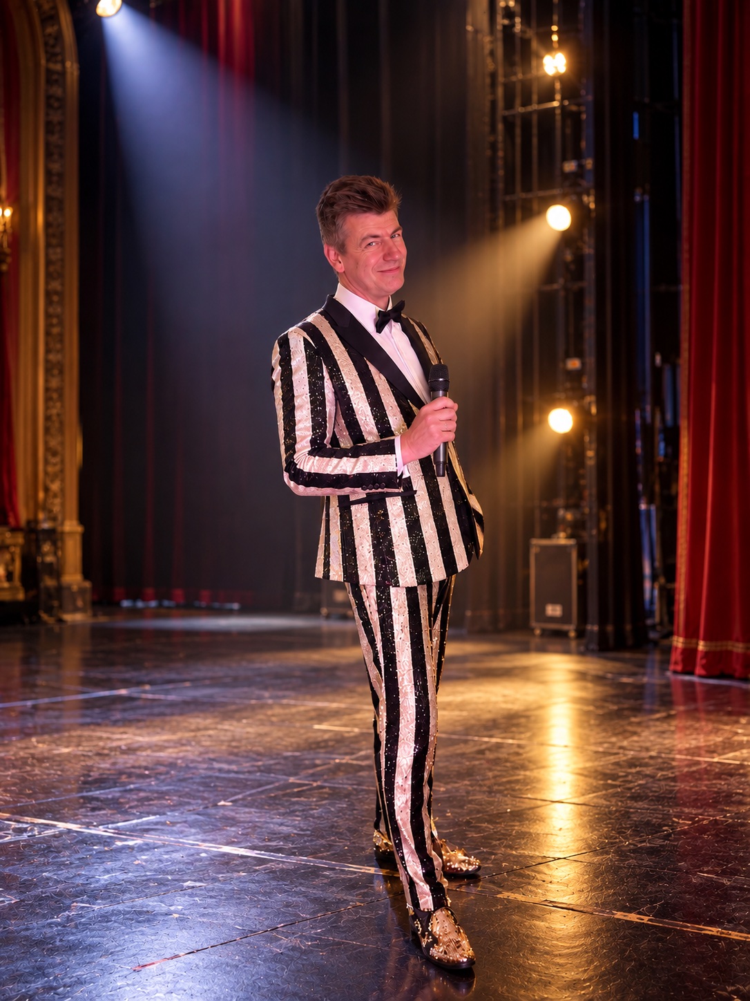Rasmus Skovmand on stage in a black-and-white show costume, holding a microphone.